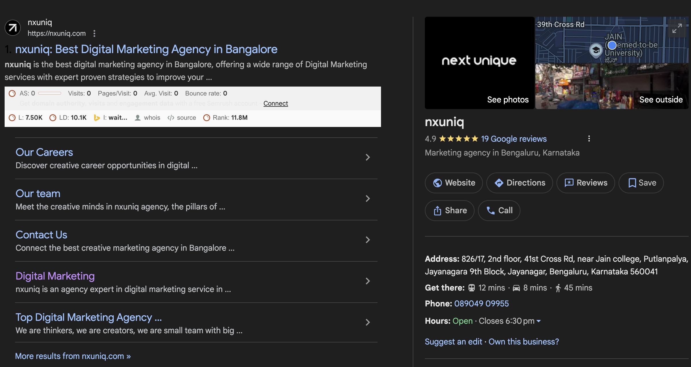 Screenshot of nxuniq on Google showing 4.9 star rating and 19 reviews, highlighted as the best digital marketing agency in Bangalore with website, address, phone number and business hours.